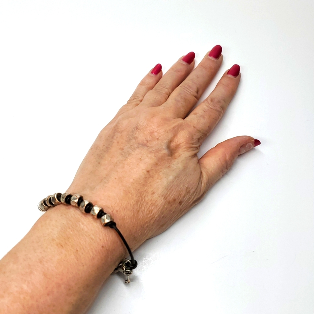 Fossil Brown Leather Cord and Silver Toned Beaded Bracelet - Picture 8 of 8